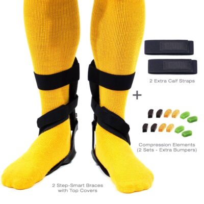 The Bilateral Essentials package for the Step Smart brace package including 2 extra calf straps, two sets of compression elements and two Step-Smart braces with a top cover, front view