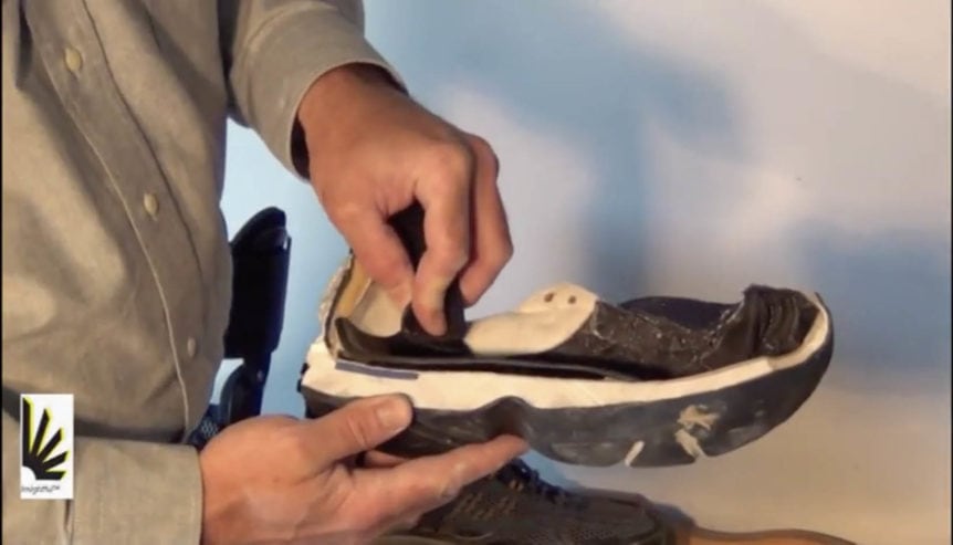 A frame from the video showing how the ankle orthotic and shoe fit together.